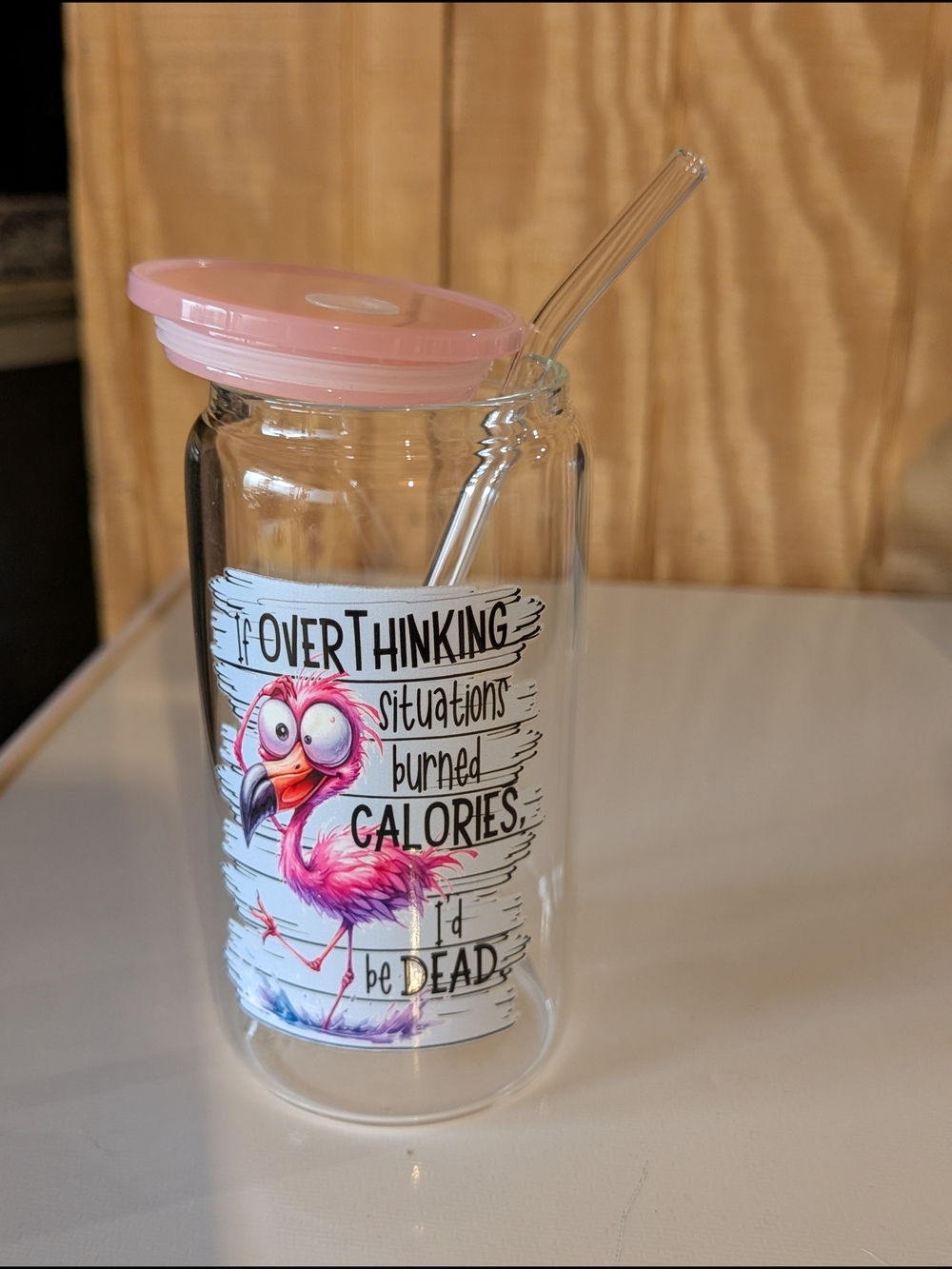 Pink Flamingo Glass Tumbler with Straw - Overthinking Design